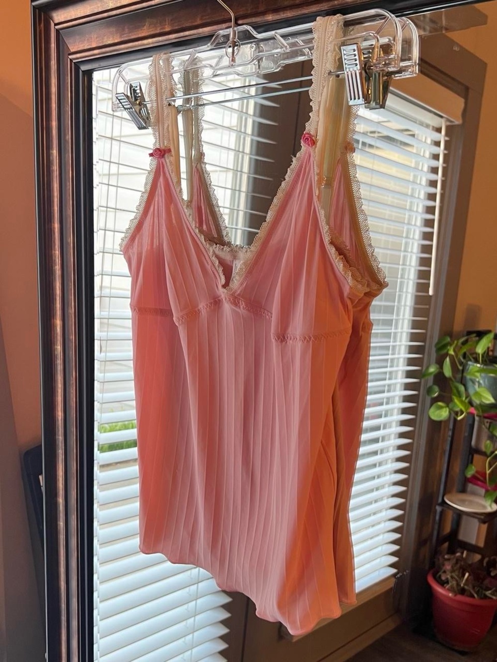 Light pink cami top with lace trim and rose appliqués, striped pattern